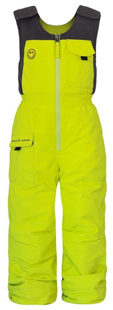 Boulder Gear Boys Nestor Insulated Bib 2024 - A bright yellow insulated bib snowsuit with a black logo on the chest and adjustable shoulder straps.