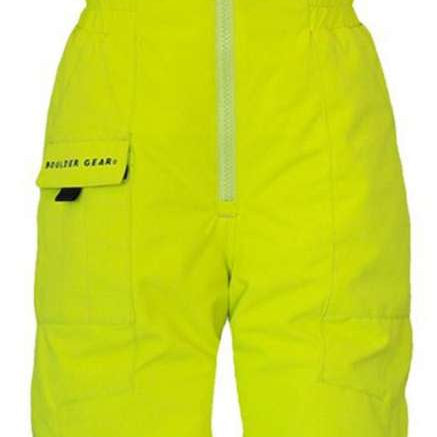 Boulder Gear Boys Nestor Insulated Bib 2024 - A bright yellow insulated bib snowsuit with a black logo on the chest and adjustable shoulder straps.