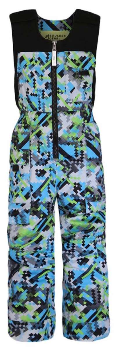 Boulder Gear Boys Nestor Insulated Bib 2024 - A blue, green, and black snowsuit with a geometric pattern of zigzags and triangles.