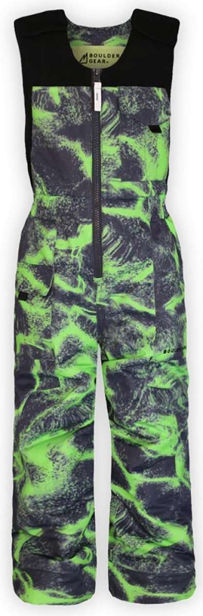 Boulder Gear Boys Nestor Insulated Bib 2024 - A black and green snow bib with a pattern of abstract shapes, featuring a zipper down the front.