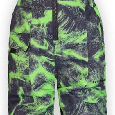 Boulder Gear Boys Nestor Insulated Bib 2024 - A black and green snow bib with a pattern of abstract shapes, featuring a zipper down the front.