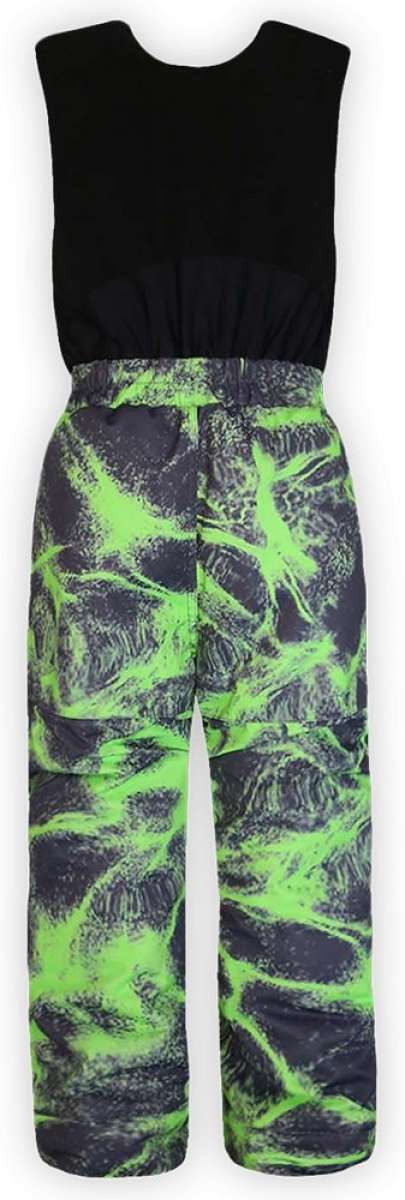 Boulder Gear Boys Nestor Insulated Bib 2024 - A black bib with a green and white snowflake pattern on the front, featuring a zipper down the middle.