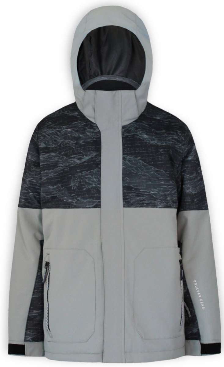 Boulder Gear Boys Vigor Insulated Jacket 2022-2023 - A black and gray jacket with a hood, featuring a pattern of diagonal lines on the chest area.