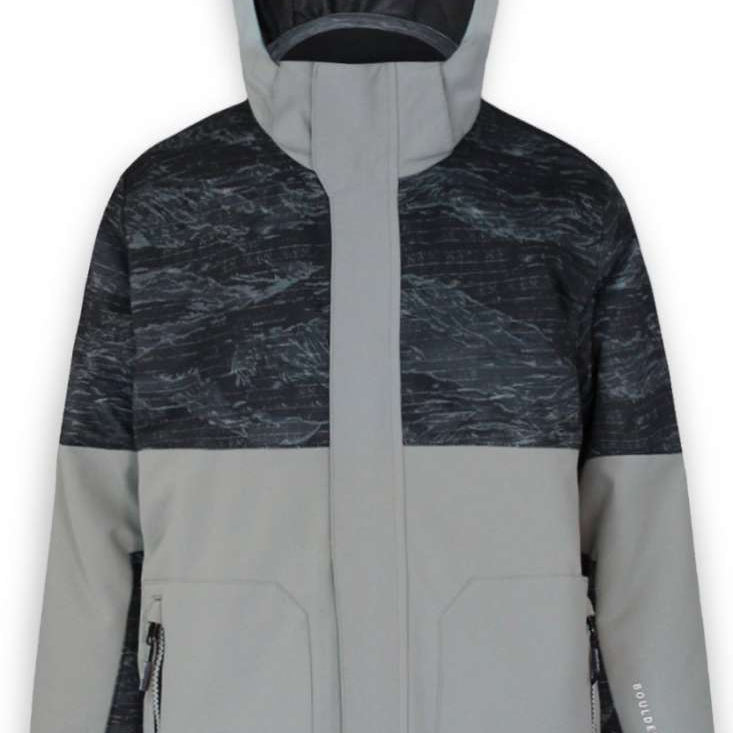 Boulder Gear Boys Vigor Insulated Jacket 2022-2023 - A black and gray jacket with a hood, featuring a pattern of diagonal lines on the chest area.