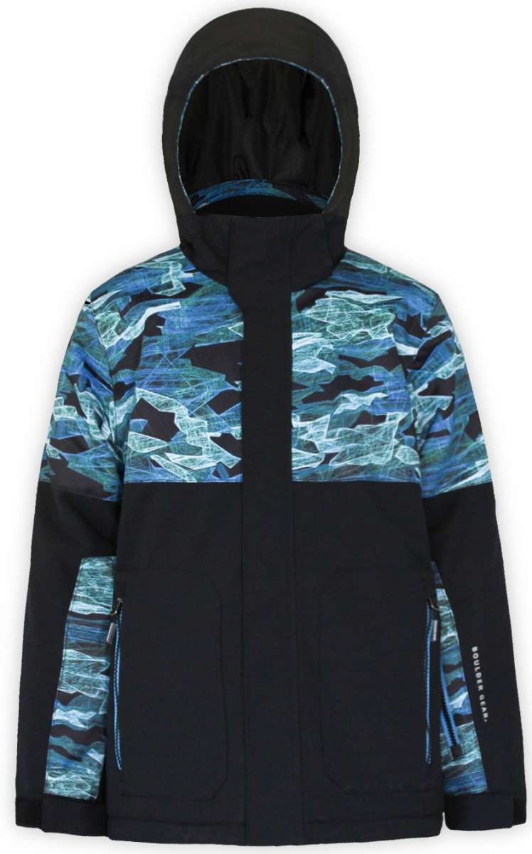 Boulder Gear Boys Vigor Insulated Jacket 2022-2023 - A black jacket with a blue and white abstract pattern on chest, sleeves, and hood.