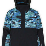 Boulder Gear Boys Vigor Insulated Jacket 2022-2023 - A black jacket with a blue and white abstract pattern on chest, sleeves, and hood.