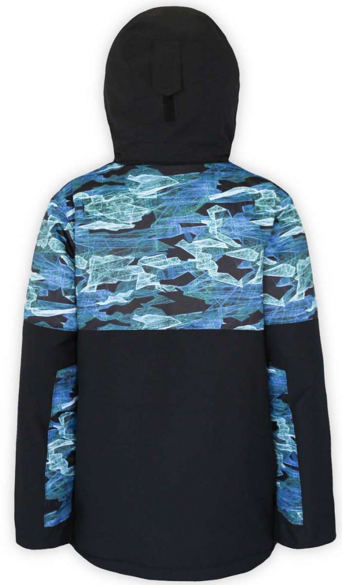 Boulder Gear Boys Vigor Insulated Jacket 2022-2023 - A blue and black camouflage patterned jacket with a hood, featuring a zipper closure at the front.