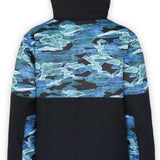 Boulder Gear Boys Vigor Insulated Jacket 2022-2023 - A blue and black camouflage patterned jacket with a hood, featuring a zipper closure at the front.