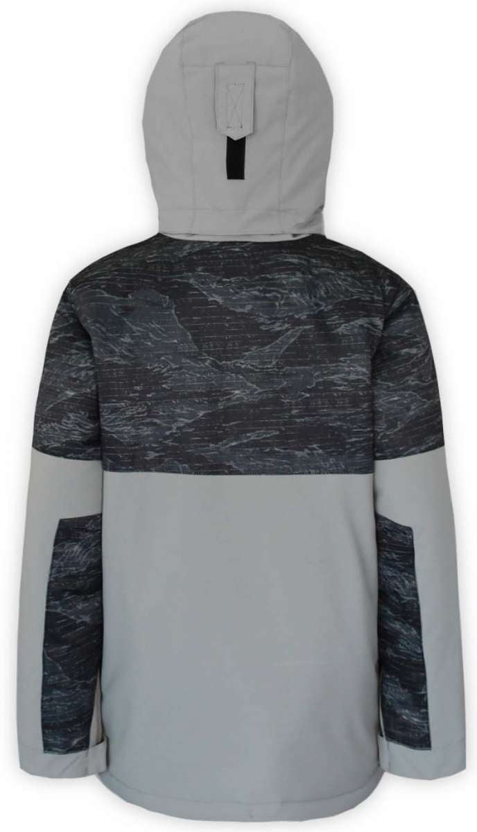 Boulder Gear Boys Vigor Insulated Jacket 2022-2023 - A gray and black camouflage patterned jacket with a hood, featuring two zippered pockets on either side of the waist.