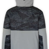Boulder Gear Boys Vigor Insulated Jacket 2022-2023 - A gray and black camouflage patterned jacket with a hood, featuring two zippered pockets on either side of the waist.