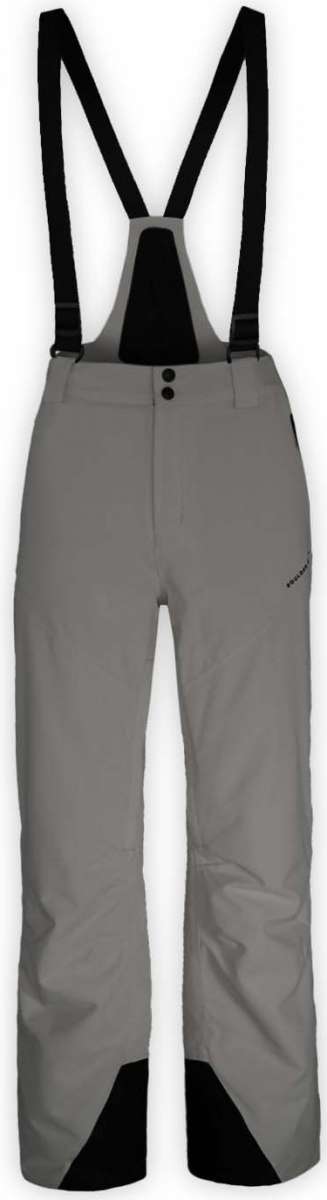 Boulder Gear Dispatch Removable Bib Pant 2022 - A pair of gray snow pants with black suspenders and a black logo on the left thigh.