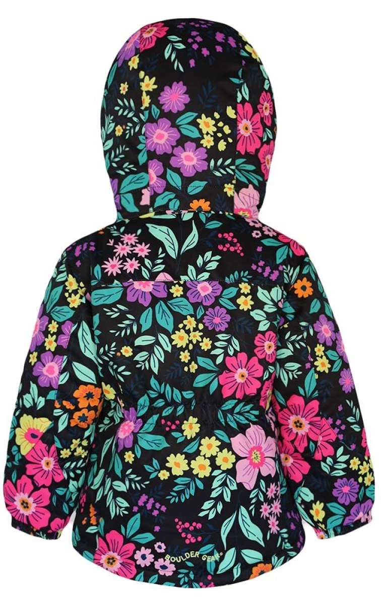 Boulder Gear Girls Cece Insulated Jacket 2024 - A black jacket with a vibrant floral pattern of pink, purple, yellow, and orange flowers, featuring green leaves on a dark background.