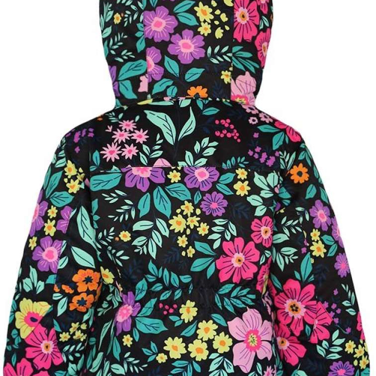 Boulder Gear Girls Cece Insulated Jacket 2024 - A black jacket with a vibrant floral pattern of pink, purple, yellow, and orange flowers, featuring green leaves on a dark background.