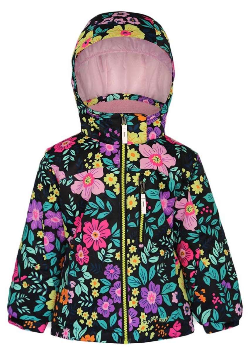 Boulder Gear Girls Cece Insulated Jacket 2024 - A black jacket with a vibrant floral pattern of pink, purple, yellow, and teal flowers.