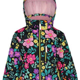 Boulder Gear Girls Cece Insulated Jacket 2024 - A black jacket with a vibrant floral pattern of pink, purple, yellow, and teal flowers.