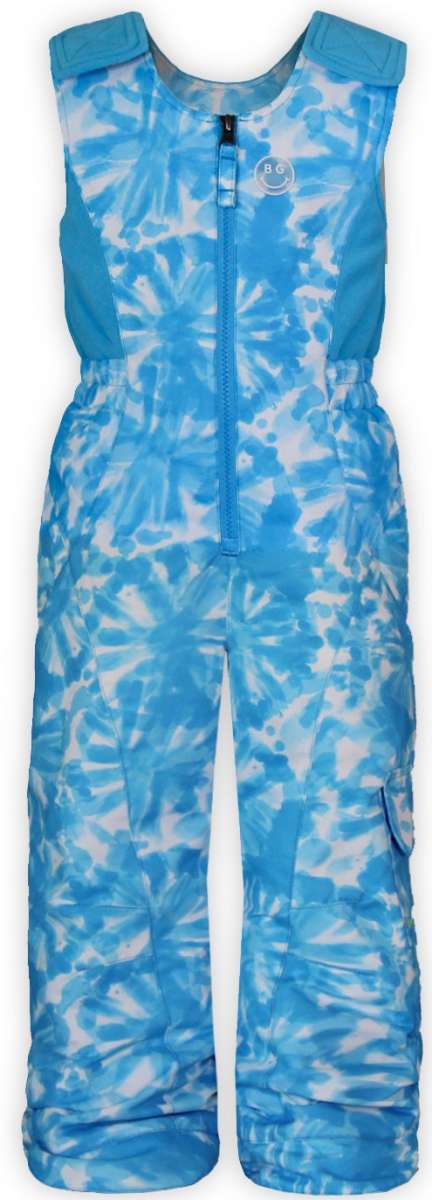 Boulder Gear Girls Hailey Insulated Bib 2022-2023 - A blue and white snowsuit with a tie-dye pattern, featuring a zipper down the front.