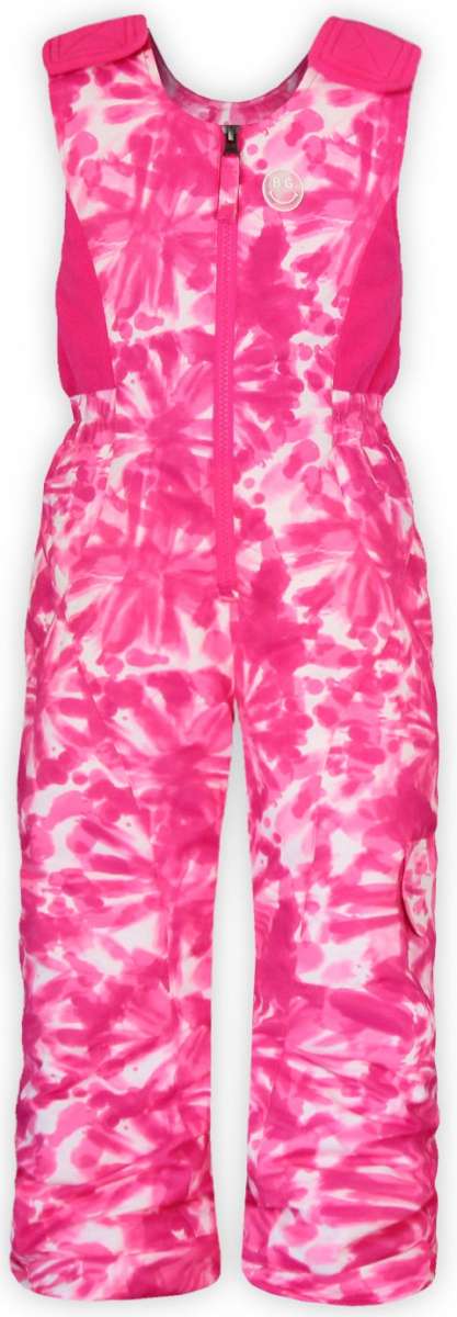 Boulder Gear Girls Hailey Insulated Bib 2022-2023 - A pink and white snow bib with a pattern of abstract shapes, featuring a zipper down the front.