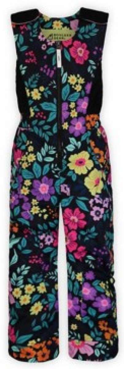 Boulder Gear Girls Hailey Insulated Bib 2024 - A black bib with a colorful floral pattern of pink, purple, yellow and orange flowers with green leaves.