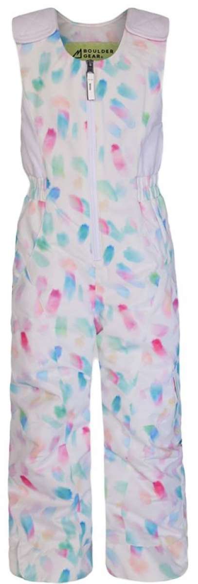 Boulder Gear Girls Hailey Insulated Bib 2024 - White snowsuit with multicolored abstract shapes and a zipper down the front.