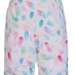 Boulder Gear Girls Hailey Insulated Bib 2024 - White snowsuit with multicolored abstract shapes and a zipper down the front.