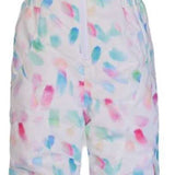 Boulder Gear Girls Hailey Insulated Bib 2024 - White snowsuit with multicolored abstract shapes and a zipper down the front.