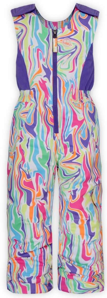 Boulder Gear Girls Hailey Insulated Bib 2024 - A white snowsuit with a colorful, abstract pattern of pink, purple, green, and orange squiggles.