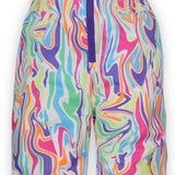 Boulder Gear Girls Hailey Insulated Bib 2024 - A white snowsuit with a colorful, abstract pattern of pink, purple, green, and orange squiggles.