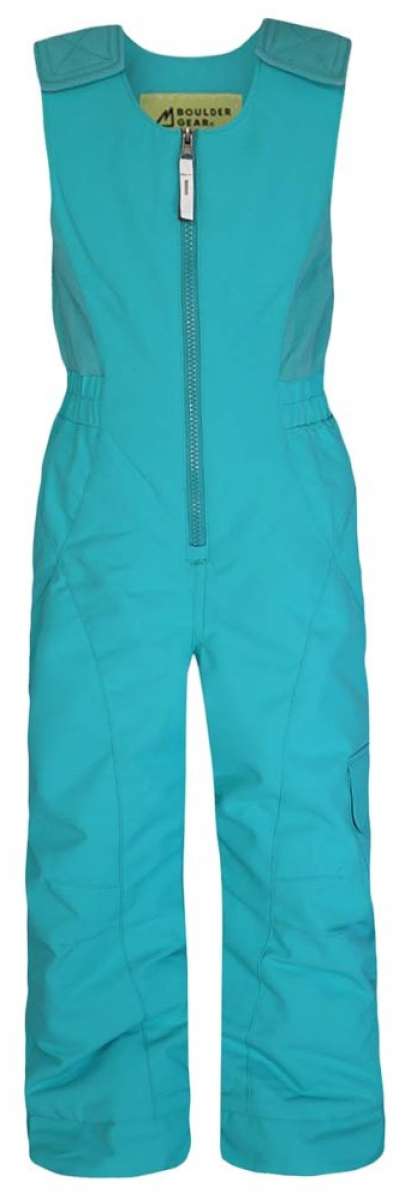 Boulder Gear Girls Hailey Insulated Bib 2024 - A turquoise insulated snowsuit with a zipper down the front and two pockets on either side of the waist.
