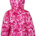 Boulder Gear Girls Polly Insulated Jacket 2022-2023 - A pink and white tie-dye patterned jacket with a hood, featuring a small logo on the left sleeve.