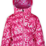Boulder Gear Girls Polly Insulated Jacket 2022-2023 - A pink and white snowboard jacket with a hood, featuring a pattern of abstract shapes resembling flowers or leaves.