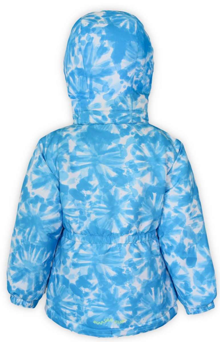 Boulder Gear Girls Polly Insulated Jacket 2022-2023 - A blue and white tie-dye patterned jacket with a hood, featuring a Wonder Team logo on the back in neon green.