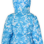 Boulder Gear Girls Polly Insulated Jacket 2022-2023 - A blue and white tie-dye patterned jacket with a hood, featuring a Wonder Team logo on the back in neon green.