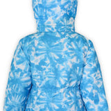 Boulder Gear Girls Polly Insulated Jacket 2022-2023 - A blue and white tie-dye patterned jacket with a hood, featuring a Wonder Team logo on the back in neon green.