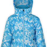 Boulder Gear Girls Polly Insulated Jacket 2022-2023 - A light blue and white snowflake patterned jacket with a hood, zipper closure, and two zippered pockets on the front.
