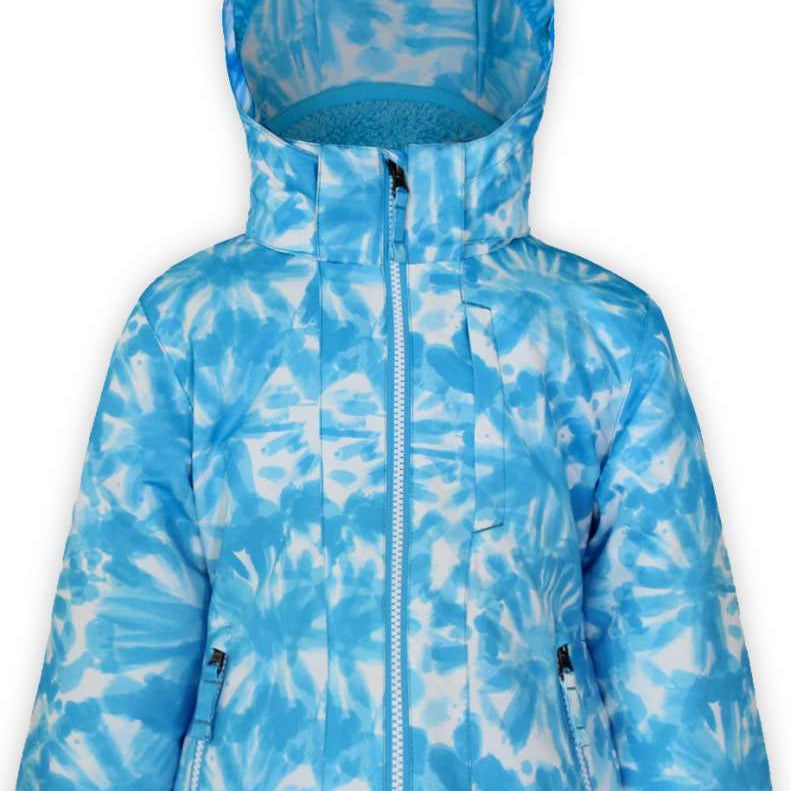 Boulder Gear Girls Polly Insulated Jacket 2022-2023 - A light blue and white snowflake patterned jacket with a hood, zipper closure, and two zippered pockets on the front.