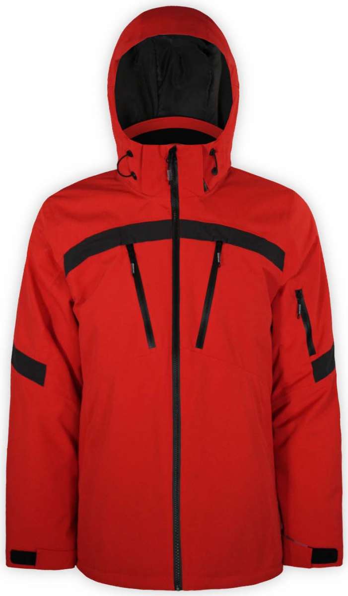 Boulder Gear Hyper Tech Insulated Jacket 2022-2023 - A red jacket with black accents and a hood, featuring two zippered pockets on the front.
