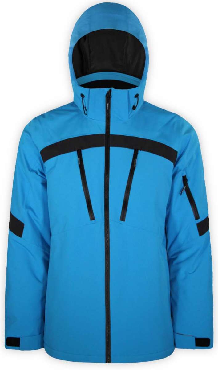 Boulder Gear Hyper Tech Insulated Jacket 2022-2023 - A blue jacket with black accents and a hood, featuring two zippered pockets on the front.