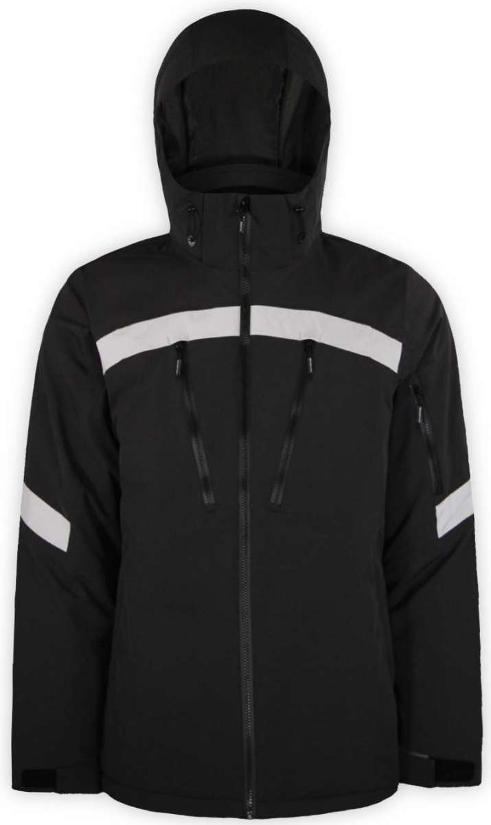 Boulder Gear Hyper Tech Insulated Jacket 2022-2023 - A black jacket with a white stripe across the chest and two zippered pockets on either side of the waist.