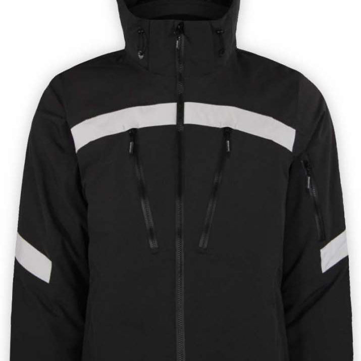 Boulder Gear Hyper Tech Insulated Jacket 2022-2023 - A black jacket with a white stripe across the chest and two zippered pockets on either side of the waist.