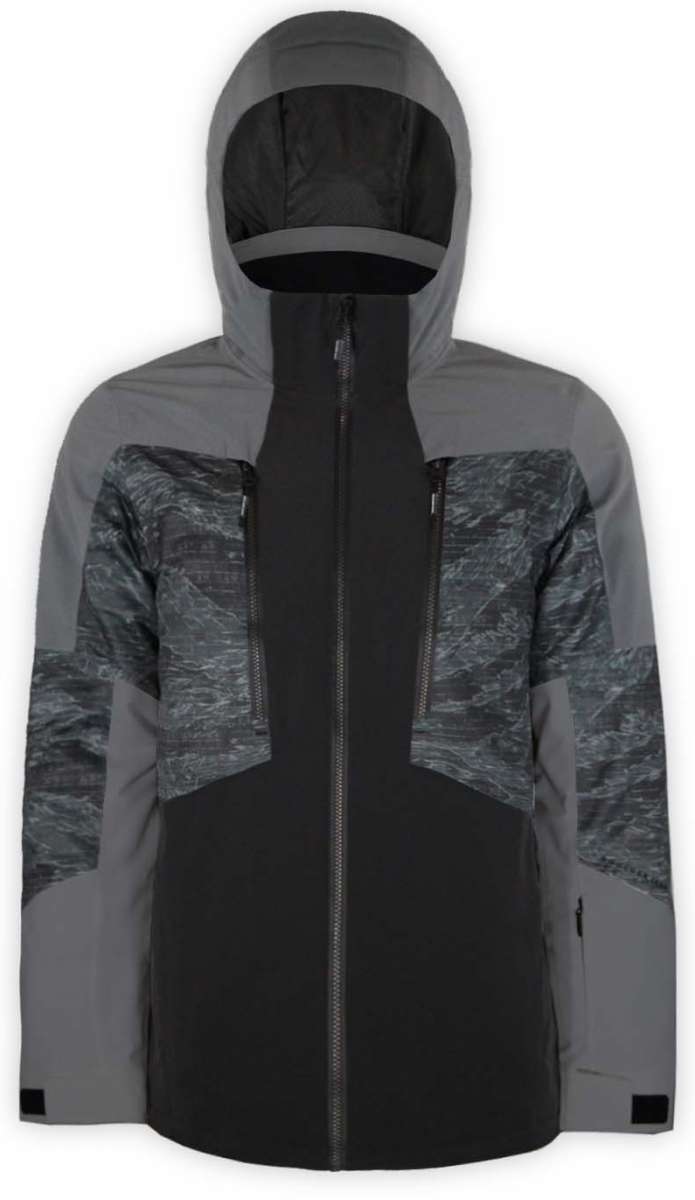 Boulder Gear Impact Tech Insulated Jacket 2022-2023 - A black and gray jacket with a hood, featuring a pattern of diagonal lines on the chest area.