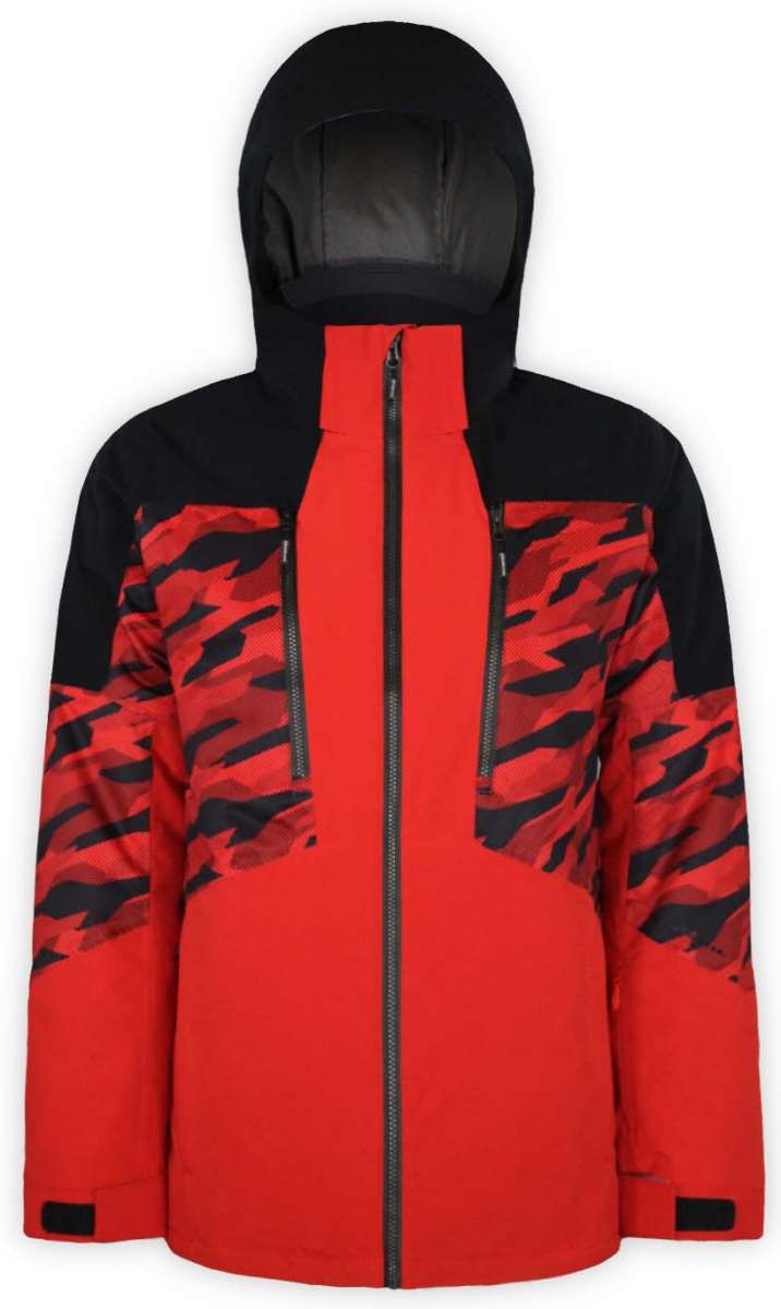 Boulder Gear Impact Tech Insulated Jacket 2022-2023 - A red and black jacket with a camouflage pattern on the chest, featuring a hood and two zippered pockets.