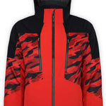 Boulder Gear Impact Tech Insulated Jacket 2022-2023 - A red and black jacket with a camouflage pattern on the chest, featuring a hood and two zippered pockets.