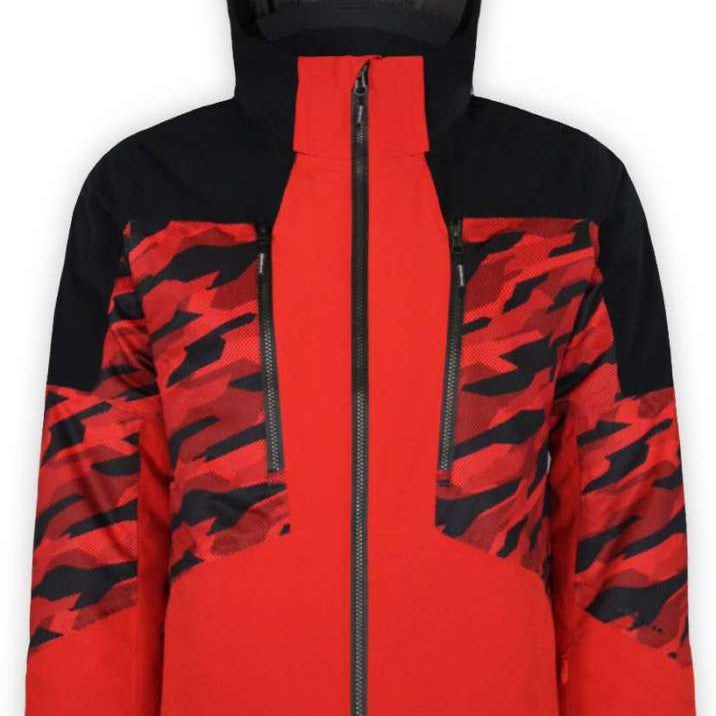 Boulder Gear Impact Tech Insulated Jacket 2022-2023 - A red and black jacket with a camouflage pattern on the chest, featuring a hood and two zippered pockets.