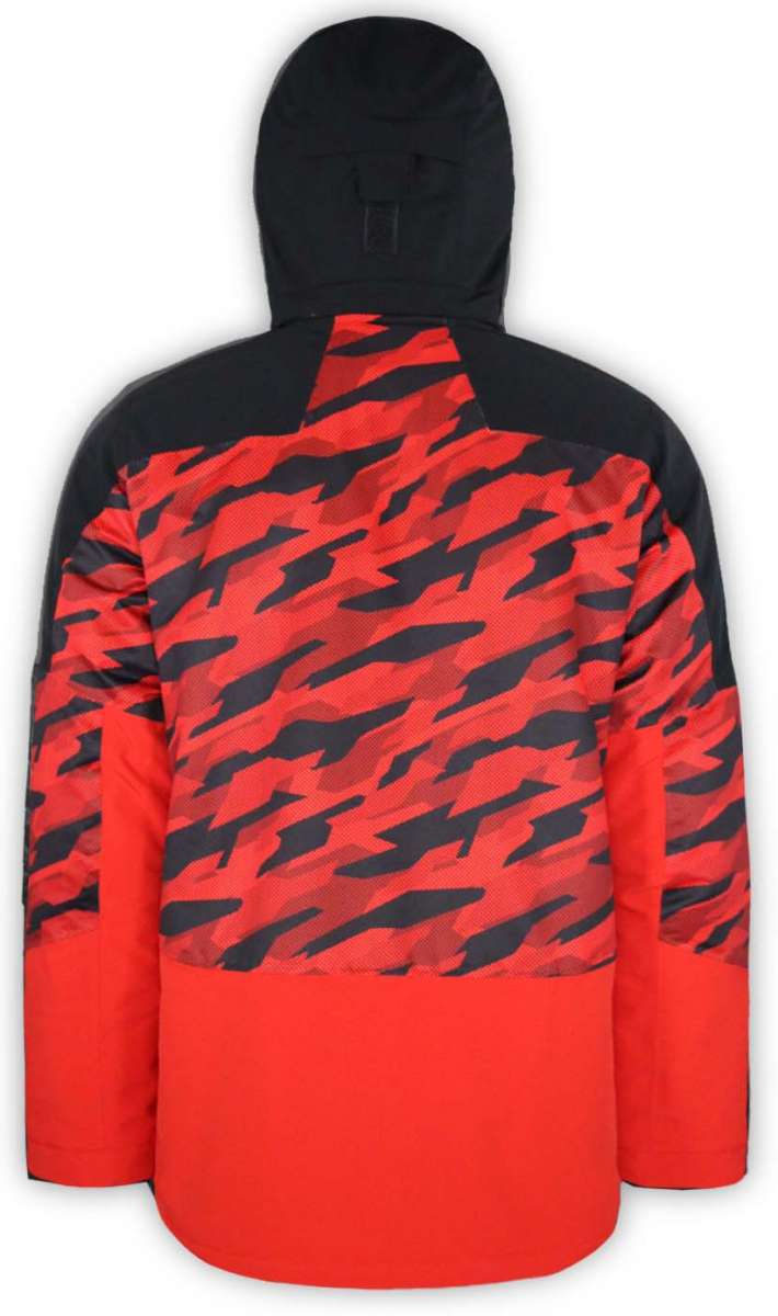 Boulder Gear Impact Tech Insulated Jacket 2022-2023 - A black and red camo patterned jacket with a hood, featuring a zippered front and two side pockets.