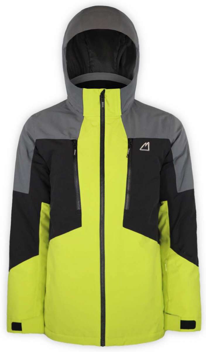 Boulder Gear Impact Tech Insulated Jacket 2022-2023 - A black, gray and yellow jacket with a hood, featuring a white logo on the left chest area.