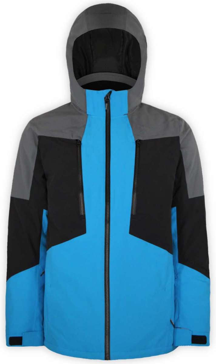 Boulder Gear Impact Tech Insulated Jacket 2022-2023 - A black, gray, and blue jacket with a hood, featuring a zippered front and two zippered pockets on either side.