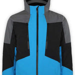 Boulder Gear Impact Tech Insulated Jacket 2022-2023 - A black, gray, and blue jacket with a hood, featuring a zippered front and two zippered pockets on either side.