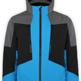 Boulder Gear Impact Tech Insulated Jacket 2022-2023 - A black, gray, and blue jacket with a hood, featuring a zippered front and two zippered pockets on either side.