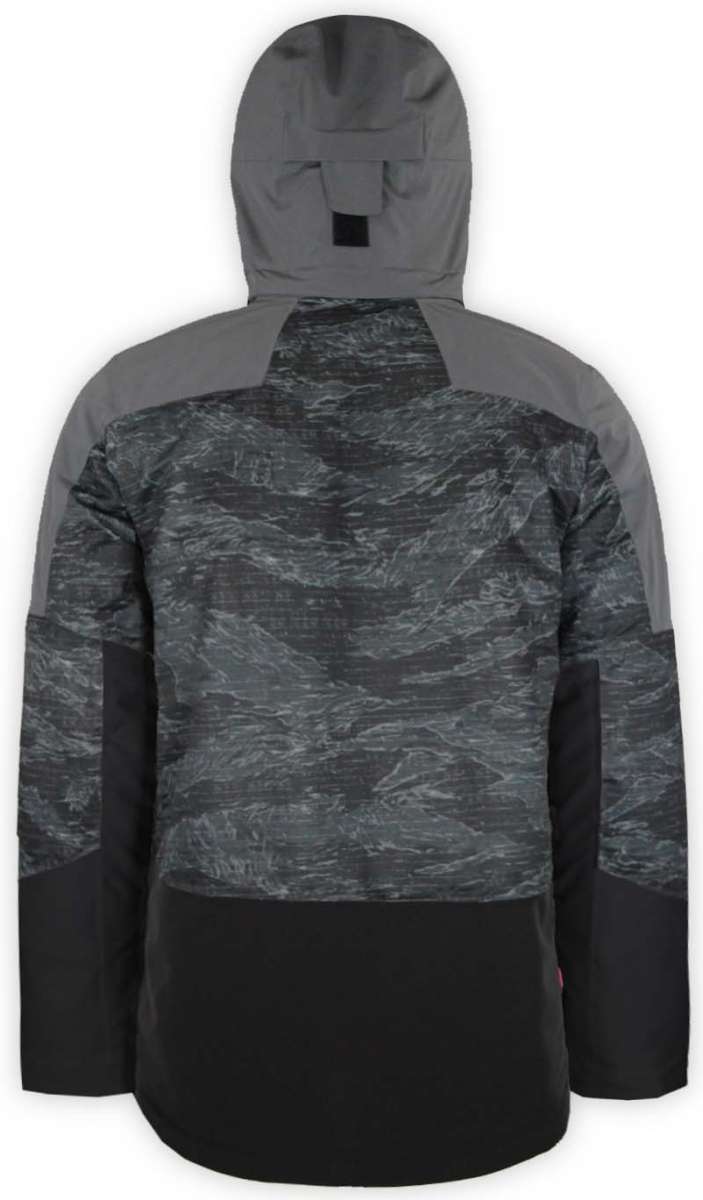 Boulder Gear Impact Tech Insulated Jacket 2022-2023 - A black and grey camouflage patterned jacket with a hood, featuring a zippered front and two side pockets.