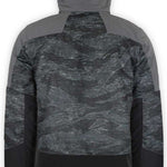 Boulder Gear Impact Tech Insulated Jacket 2022-2023 - A black and grey camouflage patterned jacket with a hood, featuring a zippered front and two side pockets.